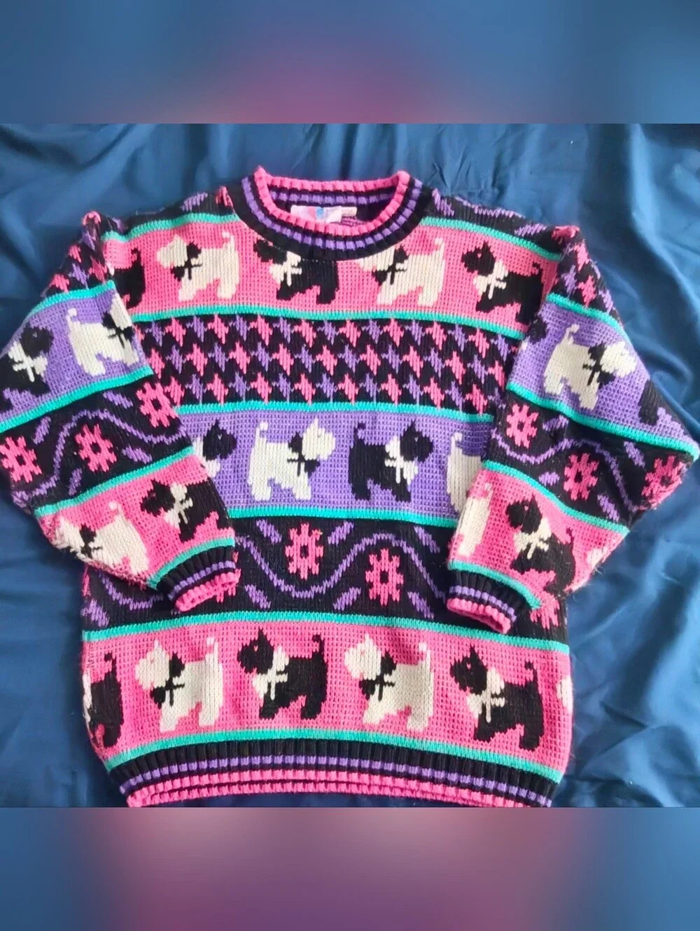 Vintage Girls Scottie Dog Print pink & Purple Sweater By HEARTWORKS